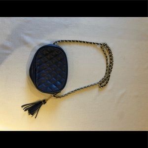 Beautiful blue leather bar with gold strap.